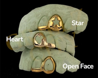 Custom Fit Grillz, 10k 14k 18k Gold or 925 Silver 2 Teeth: choose from Heart, Star, Open Face with bar. Slugs or add fangs for women men