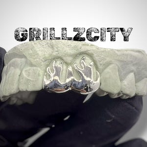 Custom Fit grillz  2 Teeth with fire flame window open face or plain solid  Grillz fangs /925 Silver Slugs Grillz with fangs free shipping