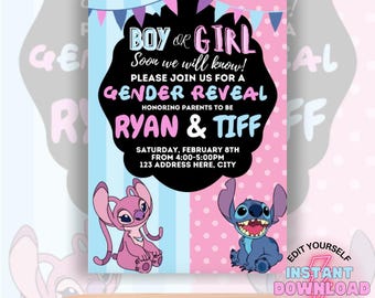 Angel and Stitch Gender Reveal Invitation, Pink Blue Party (Digital Download)