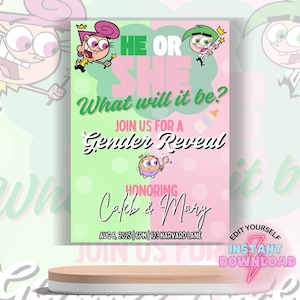 Peut inclure: Une invitation de révélation du sexe avec un fond rose et vert. Le texte indique "He or She, What will it be? Join us for a Gender Reveal." L'invitation présente des personnages de dessins animés et les noms "Cafeb & Mary."
