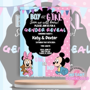 Mickey and Minnie Mouse Gender Reveal Invitation, Canva Editable Template, Digital Invitation, Gender Reveal Invite