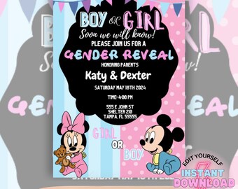 Mickey and Minnie Mouse Gender Reveal Invitation, Editable Canva Template (Digital Invitation)