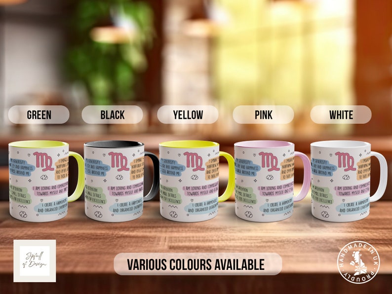a row of coffee mugs sitting on top of a wooden table