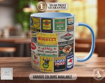 Vintage Motor Oil Mug, Retro Garage Sign Collage, Classic Car Gift, Colourful Ceramic Cup, Tea Drinker Present