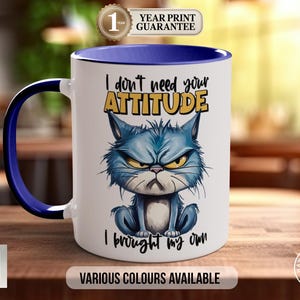 Sarcastic Cat Mug, I Don't Need Your Attitude, Colored Coffee, Funny Novelty Gift, Cheeky Present image 1