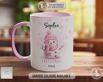 Personalised Pink Snowman Christmas Mug 2025 - Bone China & Latte Options
