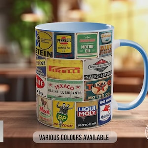 All Oils Vintage Mug – Retro Motor Oil & Garage Sign Collage – Classic Car Enthusiast Gift – Petrolhead Workshop Design – Various Colours