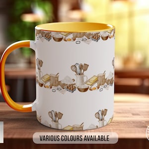 Coloured Baking Pattern Full Wrap Mug - Design 1 - Love Cooking - Kitchen Theme