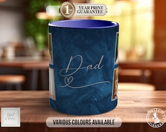 以下が含まれることがあります： 写真のコラージュと「Dad」の文字が筆記体で書かれた青いマグカップ。マグカップの内側は青色です。「VARIOUS COLOURS AVAILABLE」の文字が下部にあります。イギリス製です。