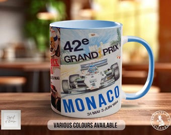 Monaco GP 70s Mug, Car Lover Gift, Petrolhead Present, Dad Birthday Idea, Automotive Wall Art, Coloured Ceramic Cup