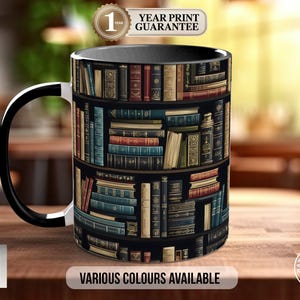 Book Shelf Pattern, Full Wrap Coloured Art Mug, Gift For Bookworm, Colourful Ceramic Cup, Tea Drinker Present