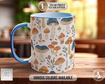 Mushroom Garden Pattern, Full Wrap Coloured Art Mug, Gardener Gift, Plant Lover Present, Colourful Ceramic Cup