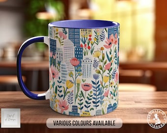 Cityscape Wildflower Pattern Full Wrap Coloured Art Mug - Design 1