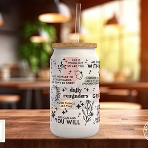 Daily Reminders Frosted Glass Can - a bamboo cup of positivity with lid and straw! clean Design 1