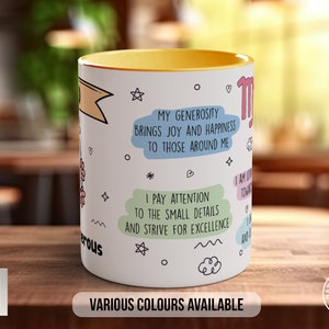 May include: White ceramic mug with a yellow rim. The mug features a Virgo zodiac symbol and text that reads "My generosity brings joy and happiness to those around me. I pay attention to the small details and strive for excellence."