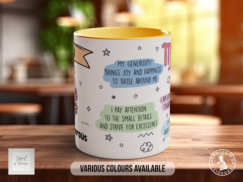 May include: White ceramic mug with a yellow rim. The mug features a Virgo zodiac symbol and text that reads "My generosity brings joy and happiness to those around me. I pay attention to the small details and strive for excellence."