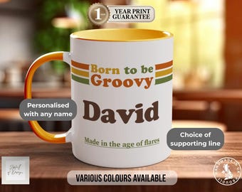 Personalized Retro 70s Mug, Groovy Birthday Gift, Present For Her, Colourful Ceramic Cup, Bone China Option