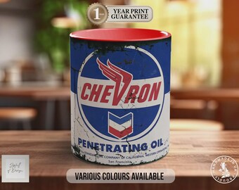 Chevron Penetrating Oil Mug, Vintage Garage Petrol Tin Design, Colourful Ceramic Cup, Coffee Lover Gift