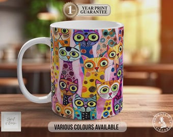 Colourful Cat Crowd Mug | Cat Lover Gift | Playful Cats Pattern | Handmade UK