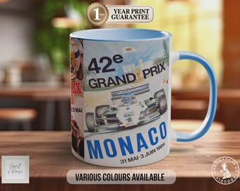 Monaco Grand Prix Vintage Mug, 1970s, 80s F1 Racing Poster Collage, Colourful Ceramic Cup, Coffee Lover Gift
