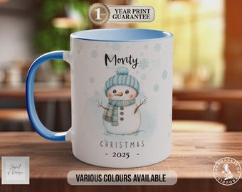 Personalised Snowman Christmas Mug: Winter Beverage Cup (Blue)