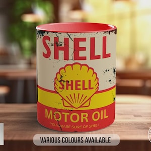 Shell Motor Oil Mug – Vintage Petrol Can Design – Retro Garage & Workshop Gift – Classic Car Enthusiast Mug – Various Colours Available