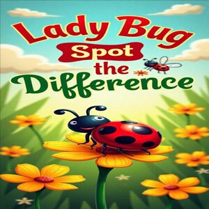 Puede incluir: Ilustración colorida de una mariquita sobre una flor amarilla, con el texto "Lady Bug Spot the Difference" en rojo y verde. El fondo presenta un cielo azul, hierba verde y más flores amarillas.