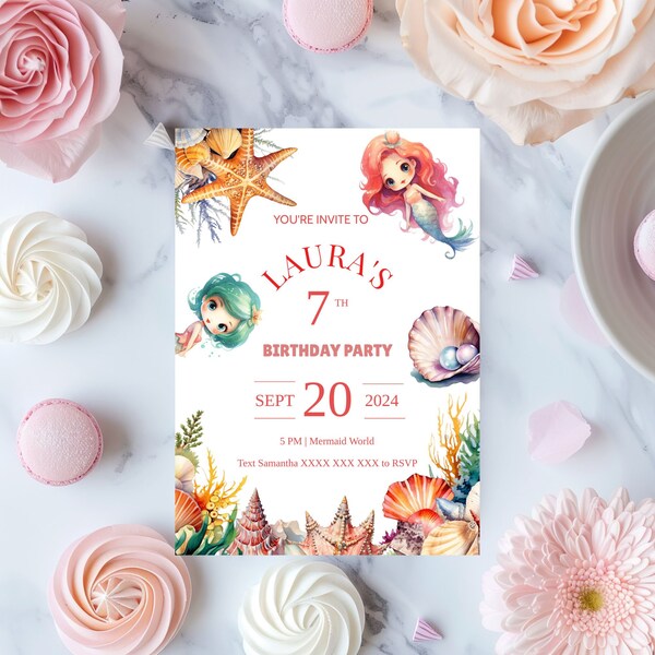 Mermaid Birthday Invitation, Under the sea, Mermaid Party, editable digital template. Party invite.