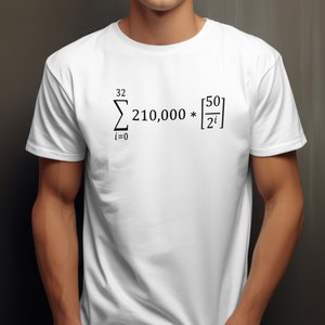 May include: White t-shirt with a black mathematical equation printed on the front. The equation is a summation from i=0 to 32 of 210,000 multiplied by 50 over 2 to the power of i.