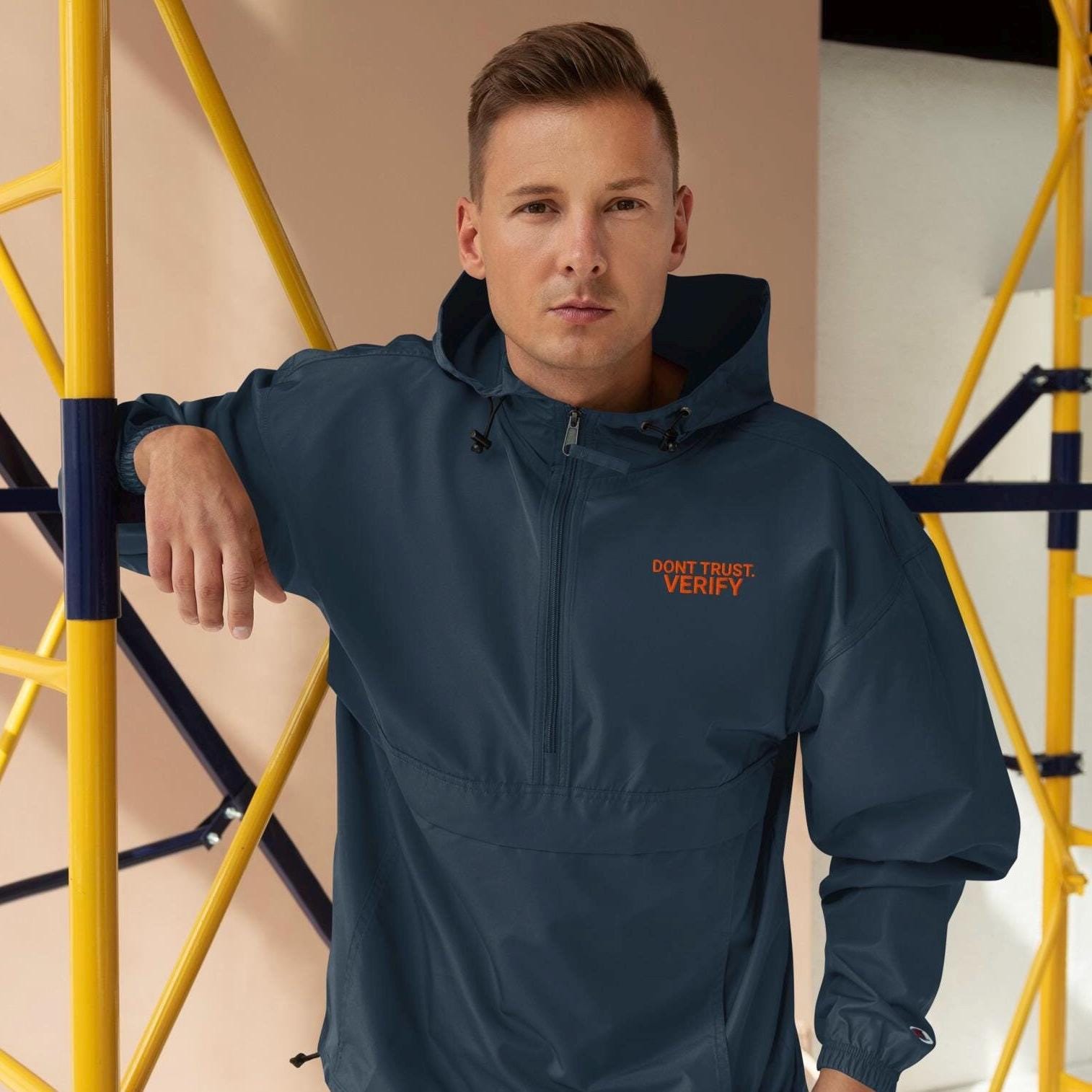 Bitcoin Embroidered Champion Packable Jacket Trust Don't Verify Orange Label Crypto Apparel For Bitcoin Enthusiasts, Lightweight Water Repel