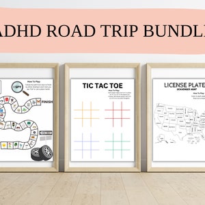 Puede incluir: Tres juegos de viaje imprimibles para niños. Los juegos son "Veo, veo", "Tres en raya" y "Búsqueda del tesoro de placas de matrícula".