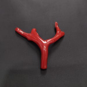 May include: A bright red coral branch with a natural, organic shape. The coral has a smooth, polished finish and a branching structure. The image is set against a dark background, accentuating the coral's colour and texture. This piece could be used for jewellery or decorative purposes.