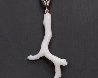 Rare Japanese 100%Natural White Coral Branch Pendant, Silver Brass, Unisex Handmade Jewelry