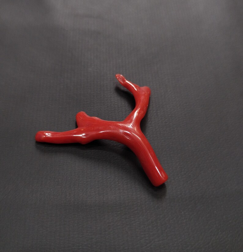 May include: A bright red coral branch with a natural, organic shape. The coral has a smooth, polished finish and a branching structure. The image is set against a dark background, emphasizing the coral's colour and texture.