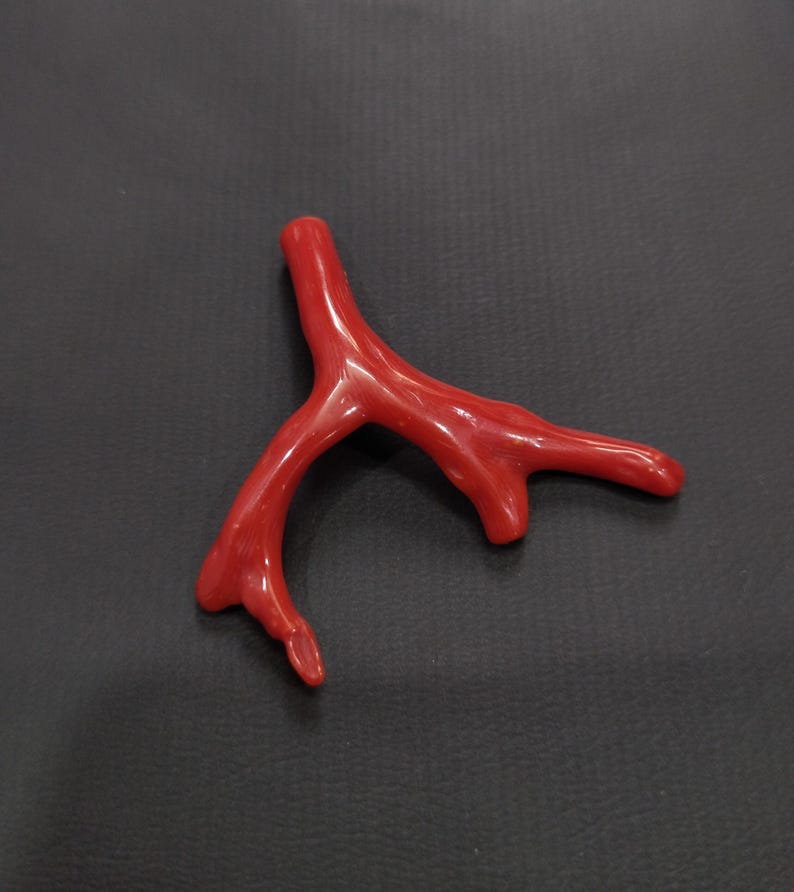 May include: A bright red coral branch with a natural, organic shape. The coral has a smooth, polished finish and a branching structure. The image is set against a dark background, accentuating the coral's colour and texture. Suitable for jewellery or decorative use.