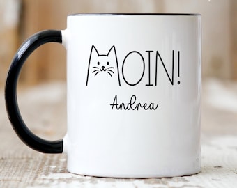 Moin! Katzen-Tasse personalisiert mit Name - Kaffeebecher personalisierbar Geschenk für Katzenbesitzer