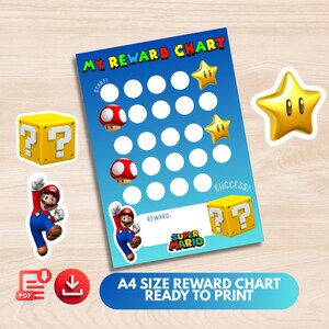 May include: A blue reward chart with white circles, stars, and mushroom graphics. The chart includes the text "MY REWARD CHART" and "SUPER MARIO". Additional graphics include a yellow question mark box and a star.