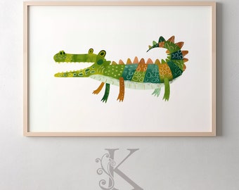 Modern Whimsical Crocodile Illustration Painting Print | DIGITAL Art | Kids Room Decor | Modern PRINTABLE Digital Download | KE_10560