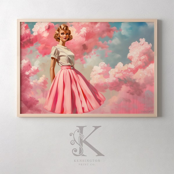 Vintage Barbie On Pink Clouds Illustration Painting Print | DIGITAL Art | Kids Room Decor | Vintage PRINTABLE Digital Download | KE_10590