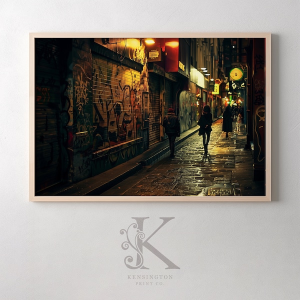 Modern Melbourne Night Laneway Photo Painting Artistic Wall Art Print | DIGITAL Art | Modern PRINTABLE Digital Download | KE_10591