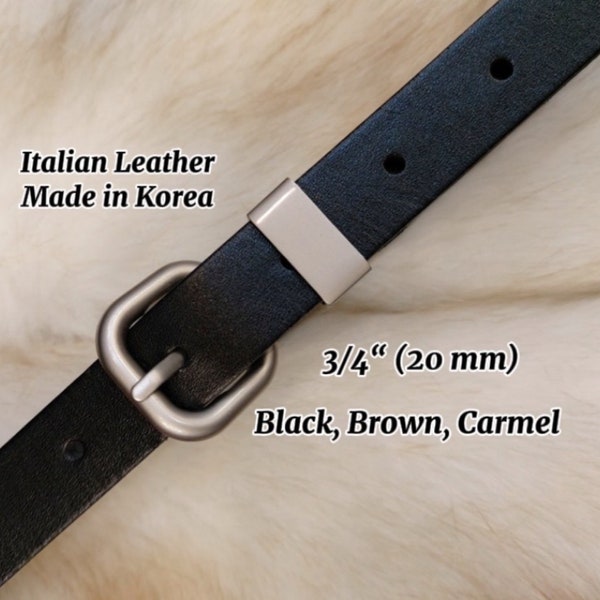 Italian 100% Leather 20mm Jacob Belt, unisex 0.75 inch Width round brass buckle belt, Made in Korea.