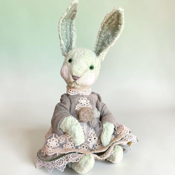 Conejo de peluche hecho a mano, pieza única de colección, 31,75 cm (12,5 pulgadas), estilo vintage, regalo de Pascua.