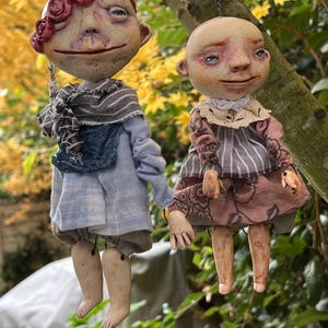 OOAK Creepy Cute Couple Art Dolls – Handmade Fantasy Clay Face Collectibles