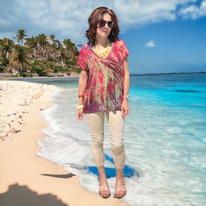 Colorful  Sophisticated Hand Tie Dye Top for Her | Size L | Unique  Design | Handmade Gift | Flattering V-Neck T-Shirt | Vibrant & Elegant
