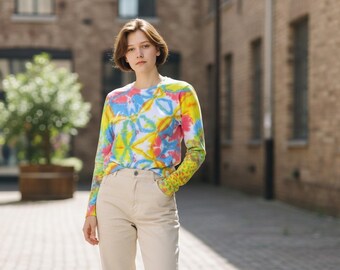Hand Tie-Dyed Women's Top | Colorful Long Sleeve Crew Neck,  One of a Kind, Size M