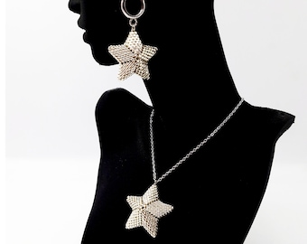 Miyuki Jewelry Set, Handmade Miyuki Star Jewelry Set, Silver Star Necklace and Earring Set