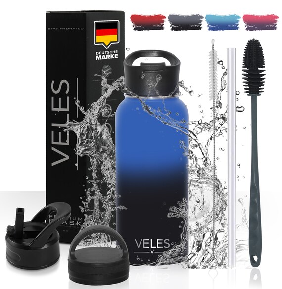Thermosflasche Trinkflasche Edelstahl Wasserflasche Isolierflasche Doppelwandig BPA-Frei Kohlensäure geeignet Auslaufsichere plus 3 Deckel