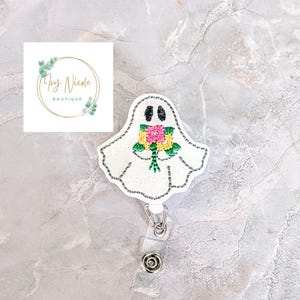 Ghost with Flowers Badge Reel, Halloween Badge Reel, Nurse Badge Reel, Nurse Gift, Teacher Lanyard, Teacher gift, Lightweight Badge