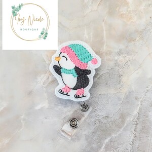 Skating Penguin Badge Reel: Christmas Nurse Teacher Lanyard