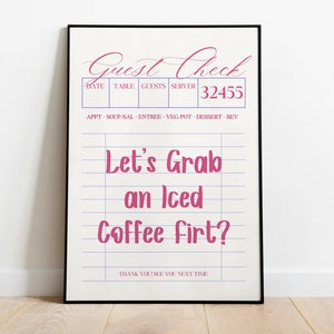 Vamos pegar um café gelado, primeira impressão artística rosa, download digital, impressão artística estética para escritório ou espaço residencial